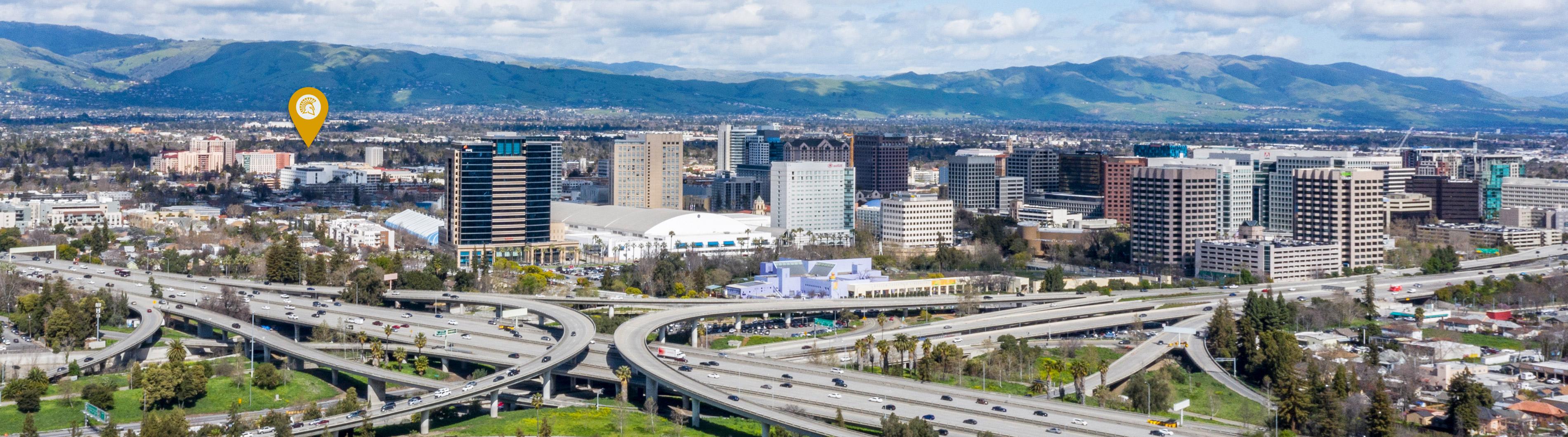 An aerial view of San Jose City with a gold spartan pin that points to the location of 菠菜网lol正规平台.